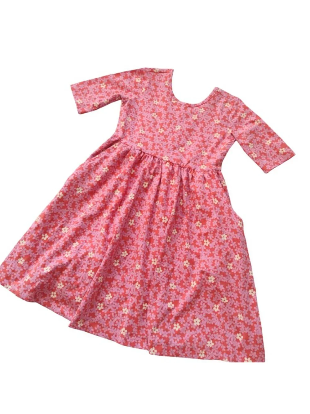 Hanna Andersson Skater Dress 6-7 Pink Floral Cotton Knit Fit n Flare w POCKETS